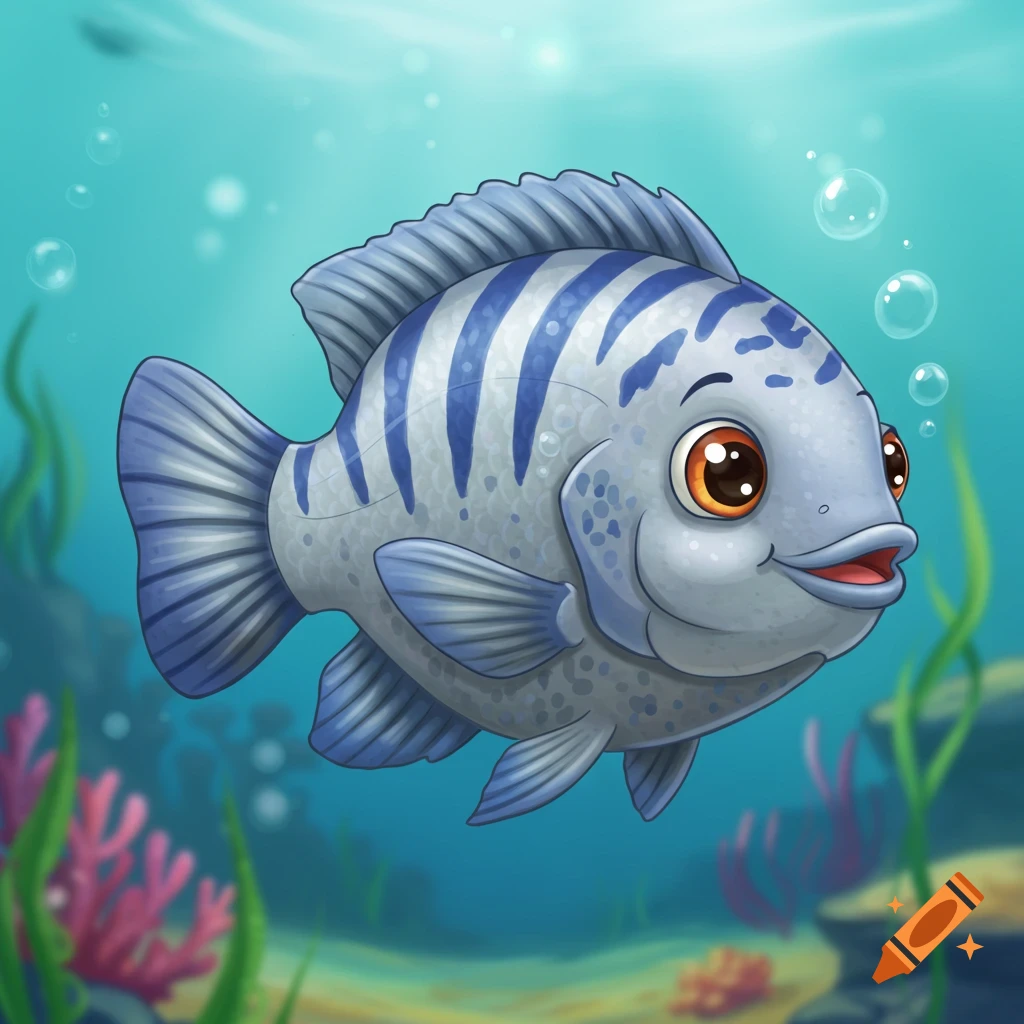 A friendly cartoon blue tilapia fish with dark blue stripes and big happy eyes swims underwater amidst plants and bubbles.