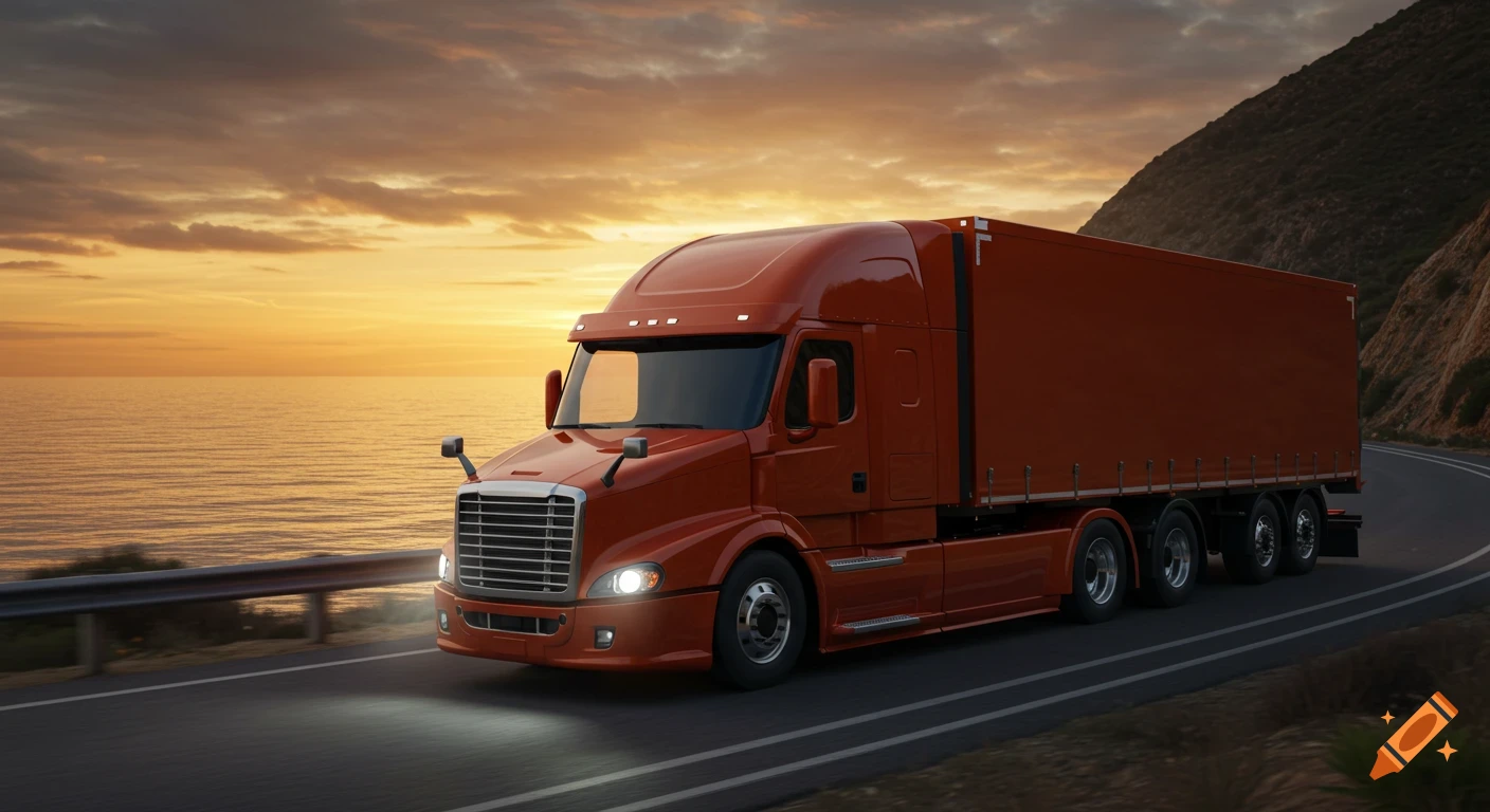 An orange semi-truck drives on a winding coastal road at sunset, with calm sea and rugged hills.