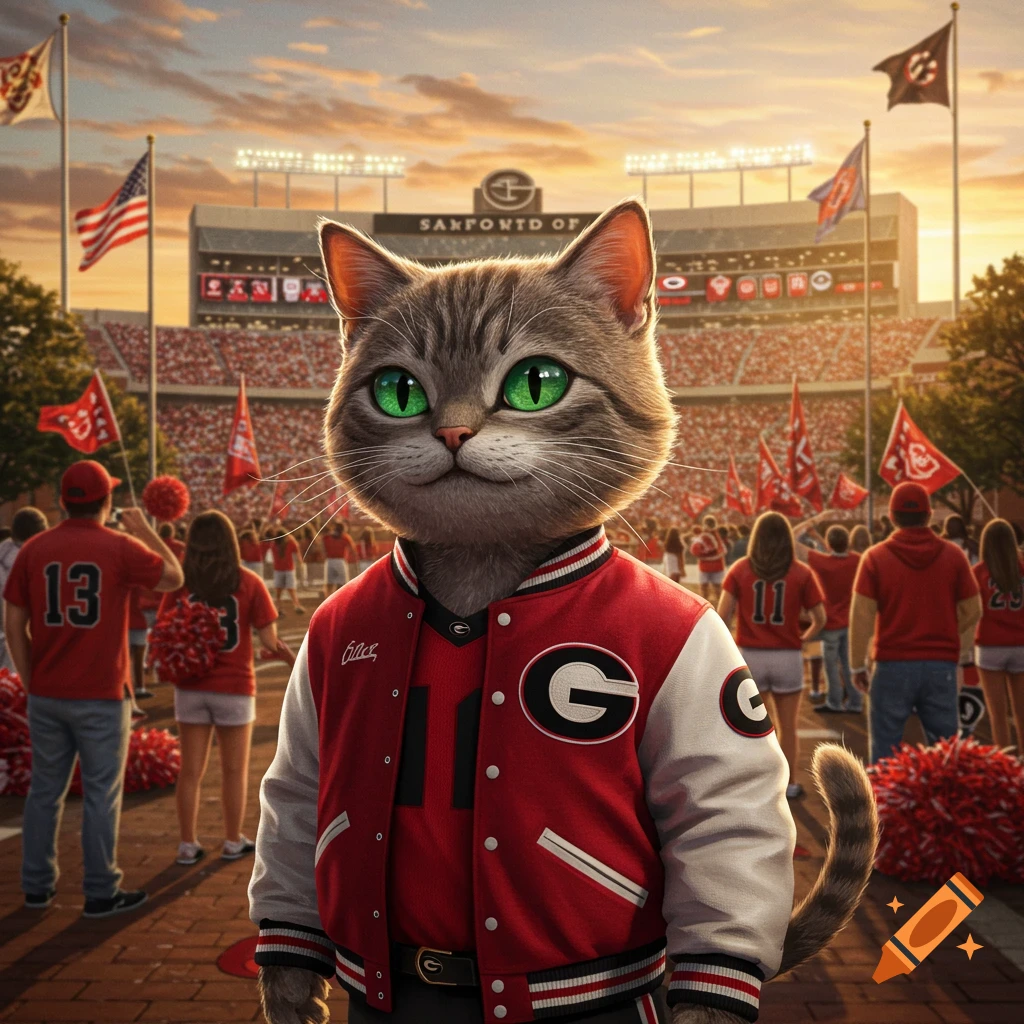 A cartoonish gray tabby cat with bright green eyes wearing a red and white letterman jacket stands in a packed stadium during sunset.