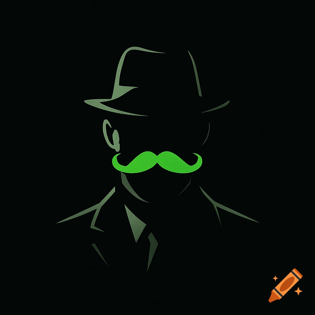 A minimalist logo of a man's silhouette in a hat and suit against a black background, featuring a vibrant green handlebar mustache.
