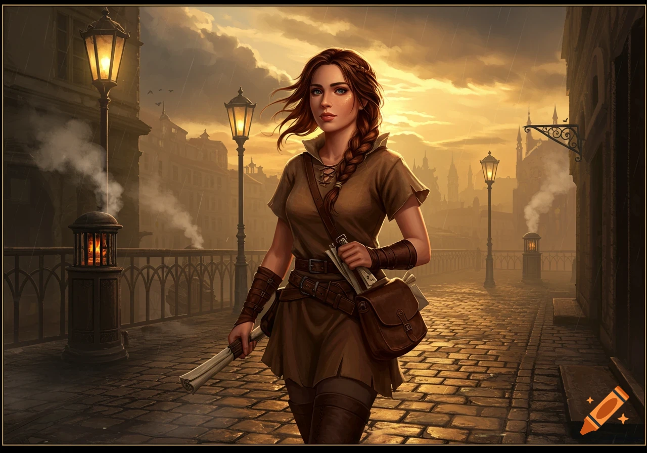 Fantasy digital painting of a braided female messenger in a brown tunic walking on a rainy city street at sunset.
