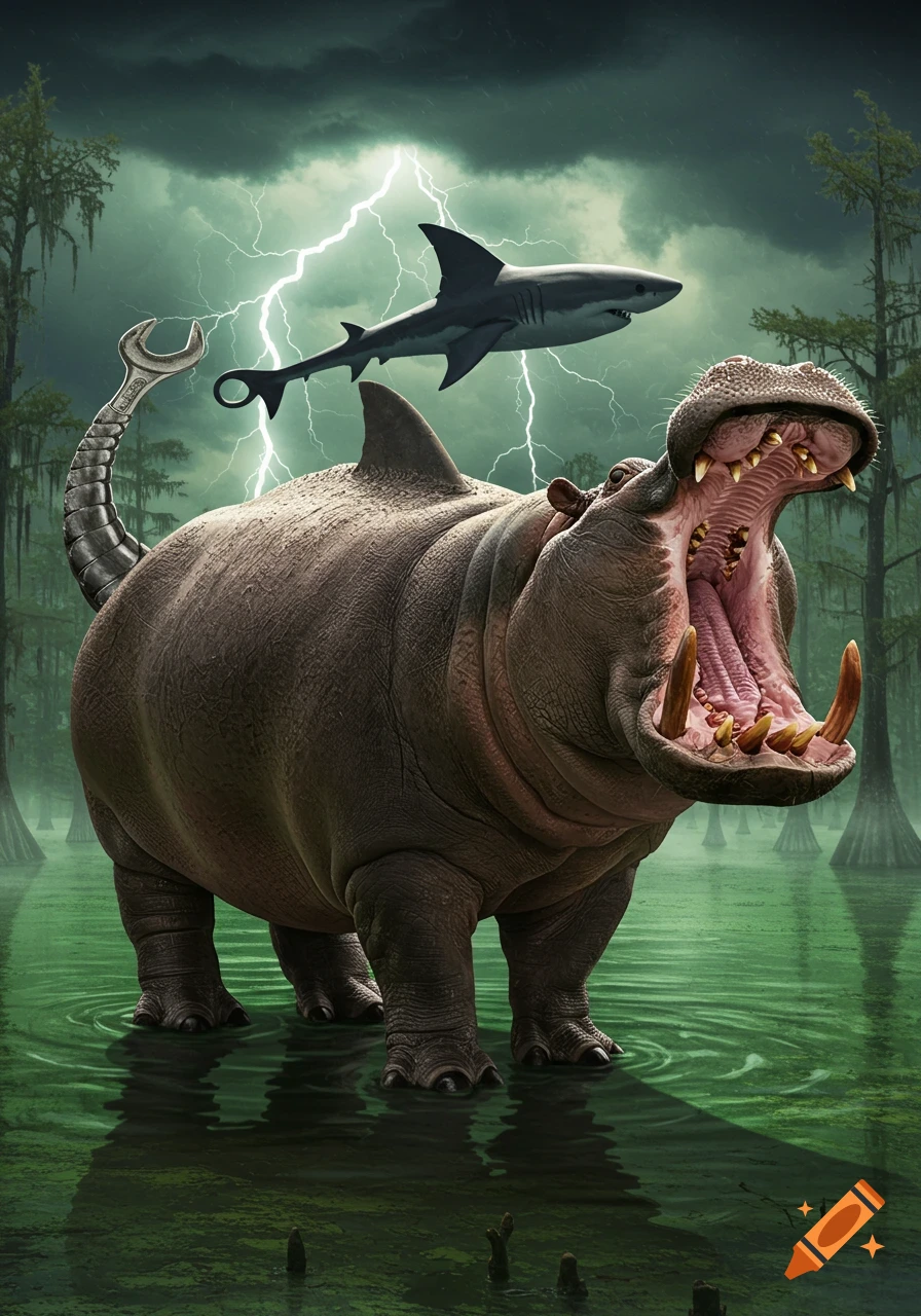 A monstrous hippo-shark-wrench creature with its mouth open, stands in a swamp under a stormy, lightning-filled sky.