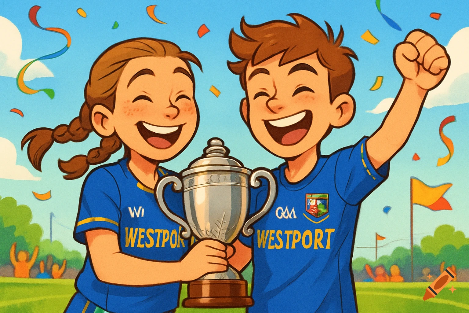 Cartoon illustration of two happy young athletes in blue jerseys holding a silver trophy on a sunny sports field with confetti.