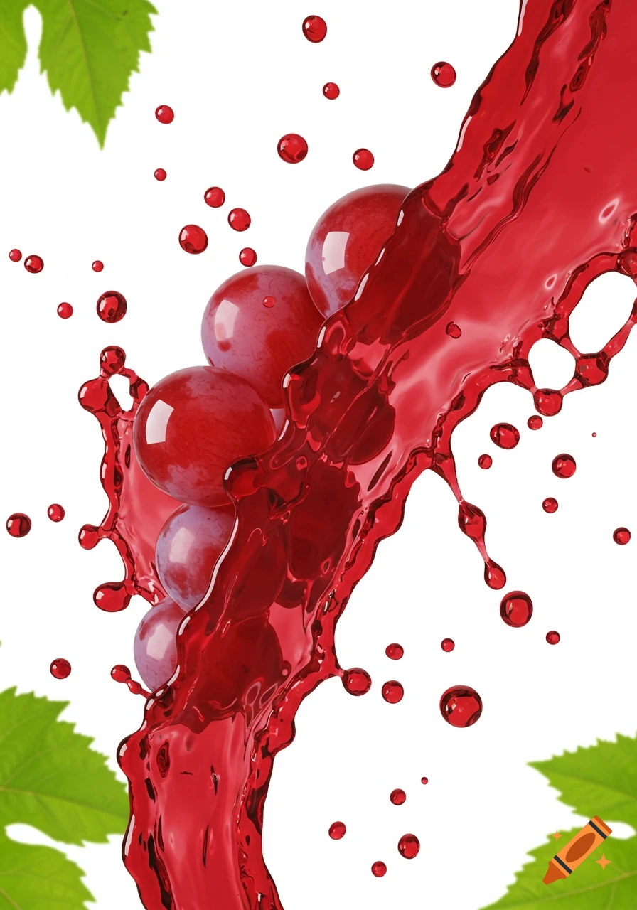 Dynamic splash of red grape juice with fresh grapes and green leaves on a white background, photorealistic.