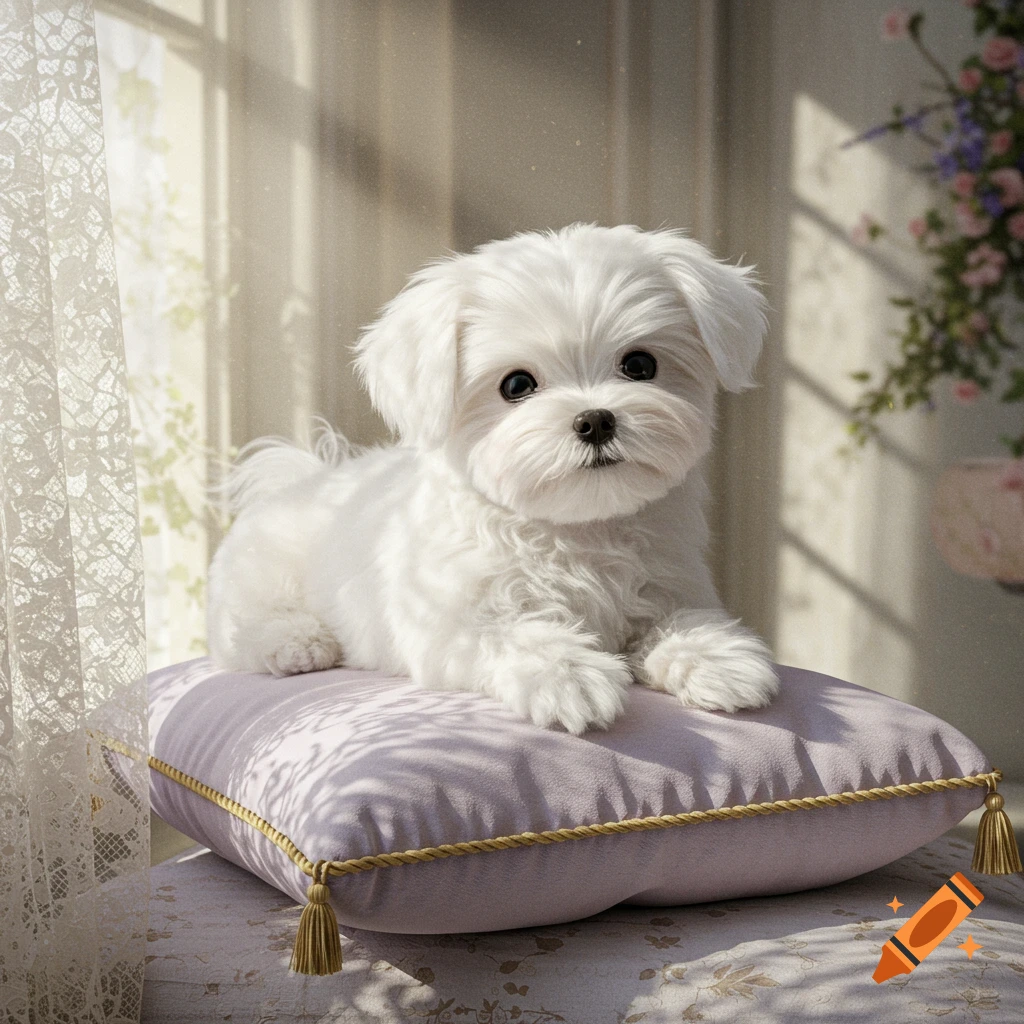 A fluffy white Maltese puppy with big dark eyes lies on a purple pillow in a sunlit room, photorealistic.