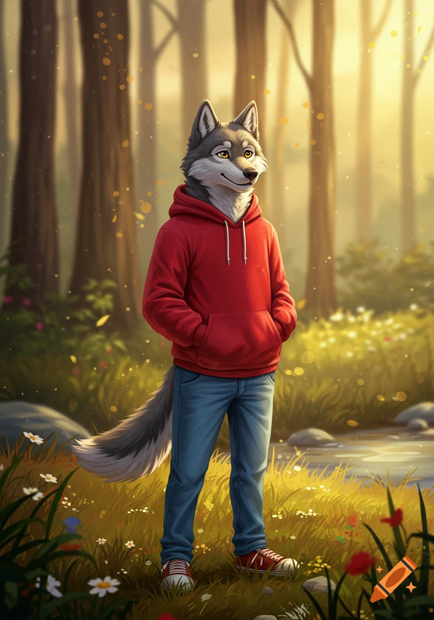 Smiling anthropomorphic wolf in red hoodie and jeans stands in a sunlit forest with a stream, digital illustration.