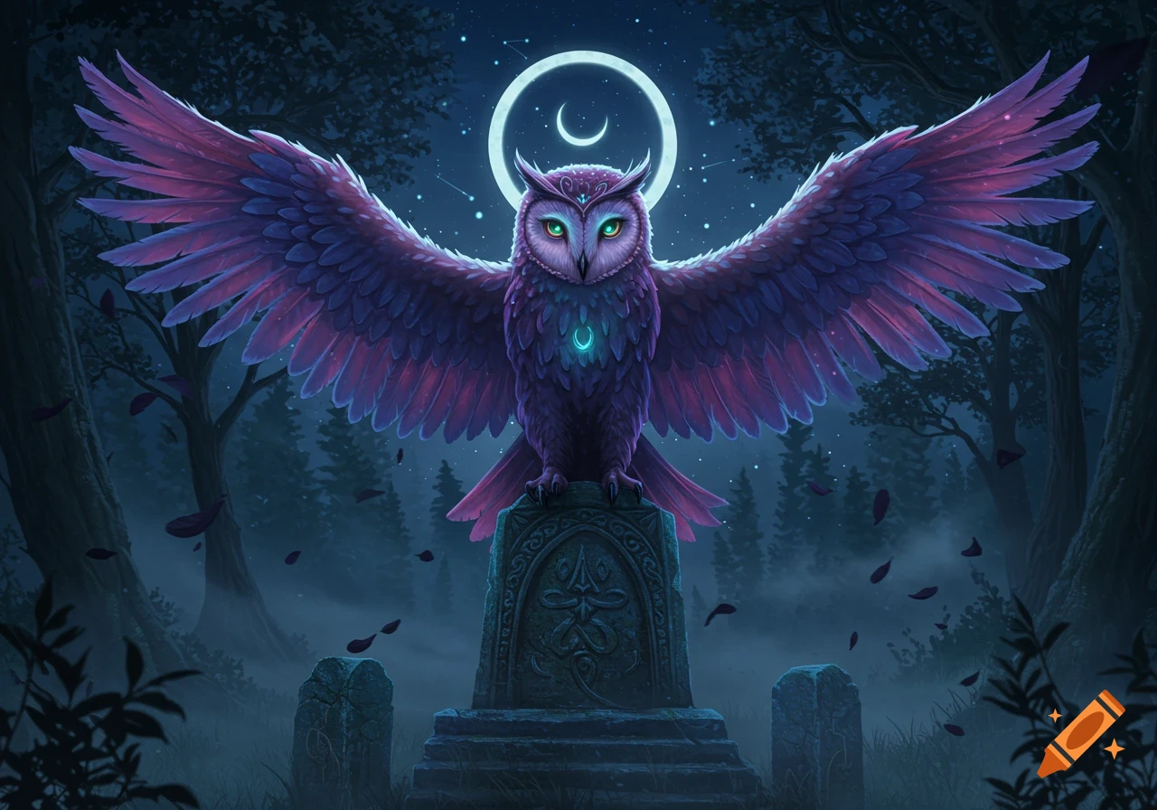 A majestic purple owl with glowing green eyes and outstretched wings perches on an ornate stone altar in a mystical, moonlit forest.