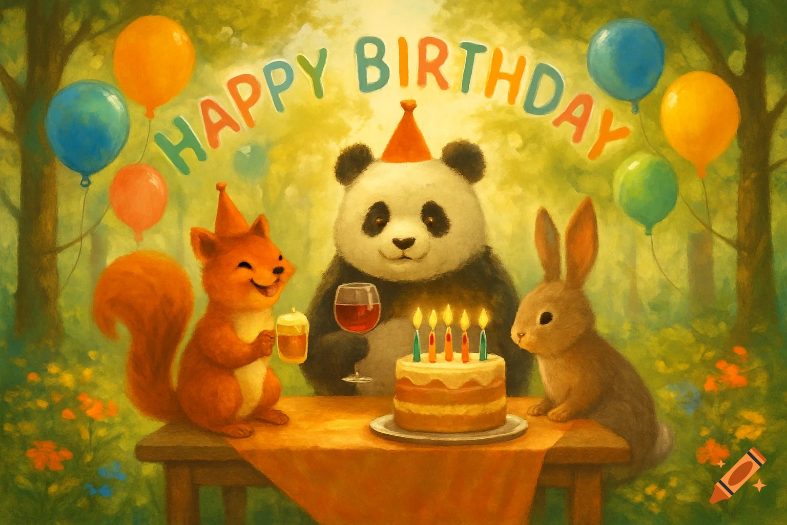 A squirrel, panda, and rabbit celebrating a birthday in a forest, with balloons, cake, and "Happy Birthday" text.