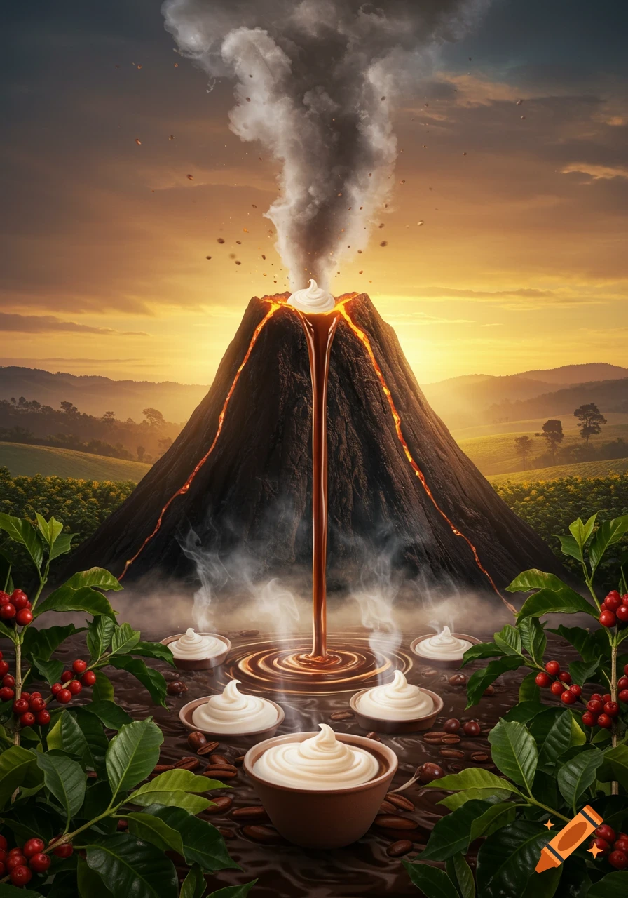 A coffee volcano erupts, spewing coffee and whipped cream into bowls among coffee plants at sunset.