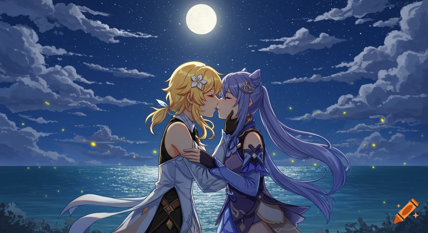 Anime illustration of Lumine and Keqing kissing under a full moon by the ocean.
