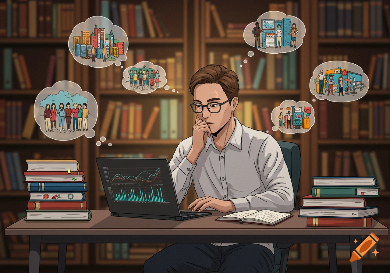 Illustrated man in glasses, surrounded by books, working on a laptop, with thought bubbles depicting people and cities in a library.