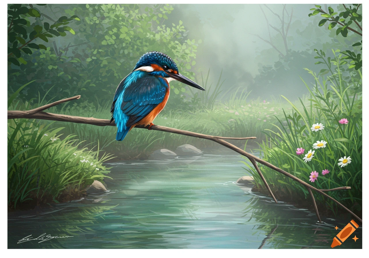 A vibrant blue and orange kingfisher perches on a branch over a calm stream in a lush green forest, digital painting.