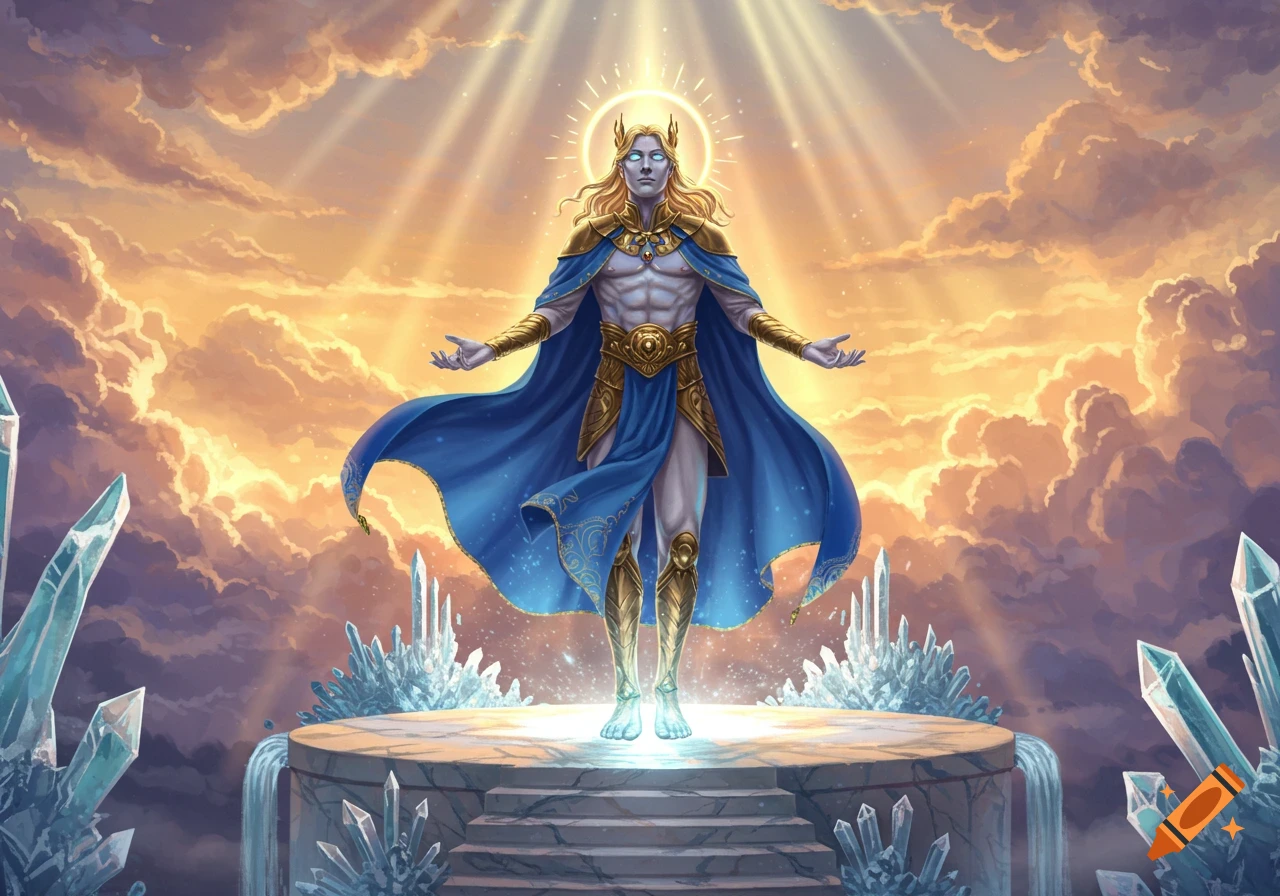 Fantasy illustration of a god-like man with blond hair and a blue cape standing on a crystal altar under sunbeams.