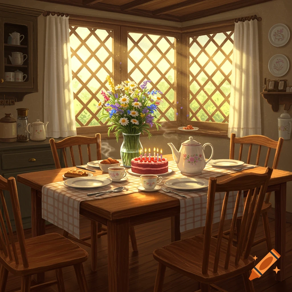 Cozy dining room with a birthday cake, teapot, and wildflowers on a table, bathed in sunlight from a lattice window.