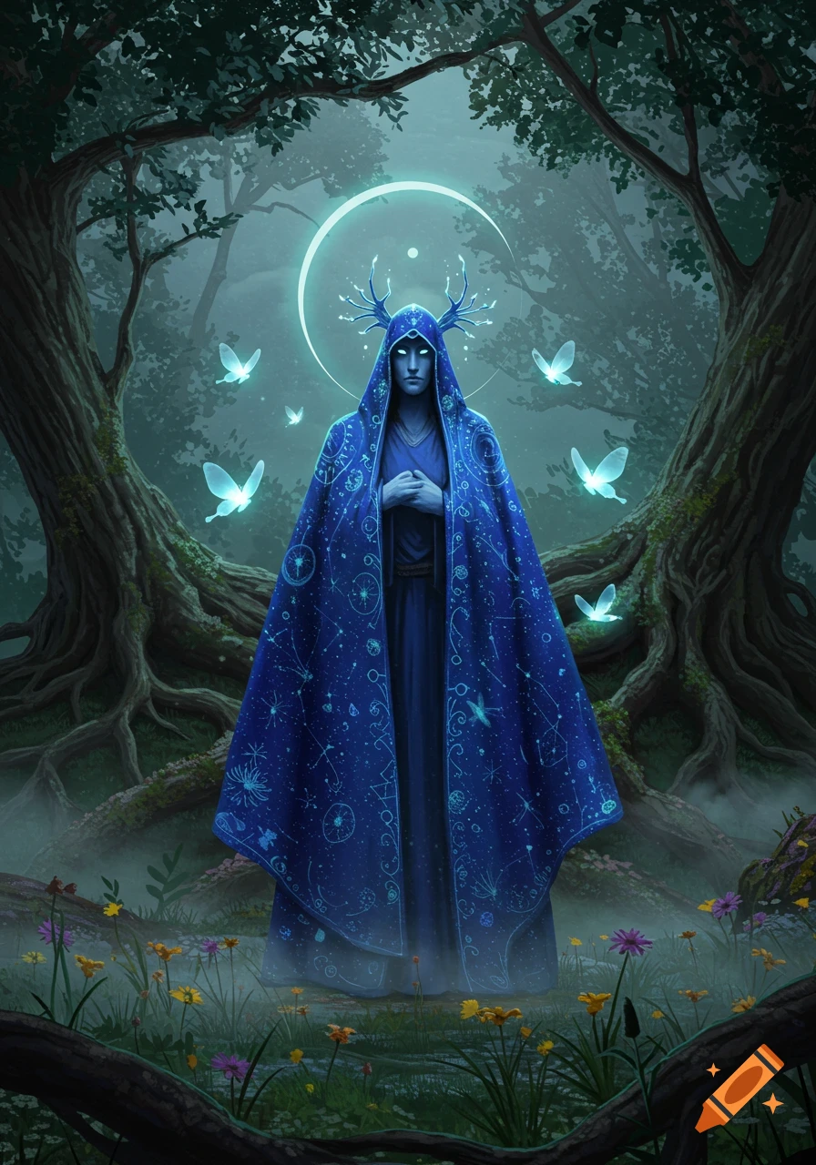 A mystical blue-skinned figure in a star-patterned robe and antlers stands in a glowing forest with luminous butterflies. Fantasy.