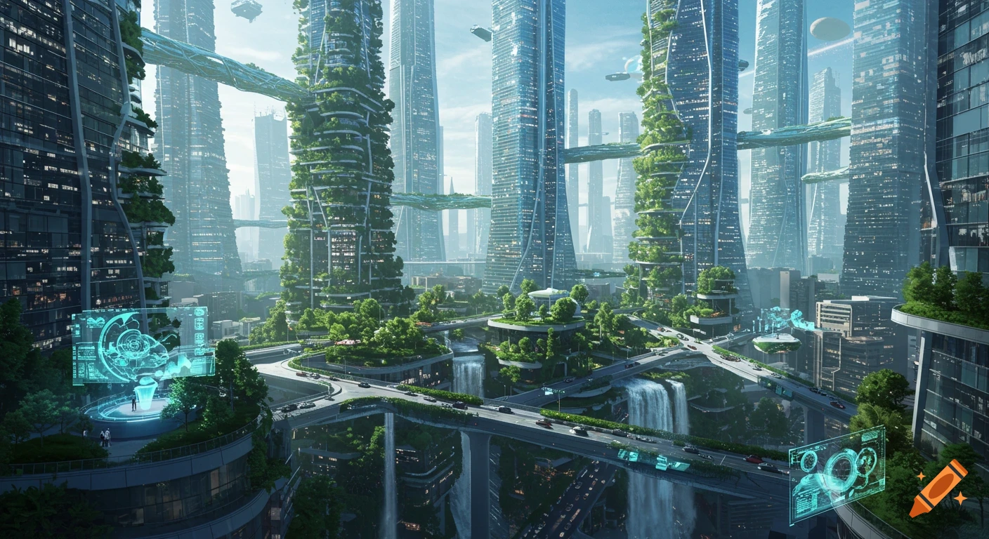 Vibrant futuristic cityscape with green skyscrapers, elevated highways, waterfalls, flying vehicles, and holographic displays under a bright sky.