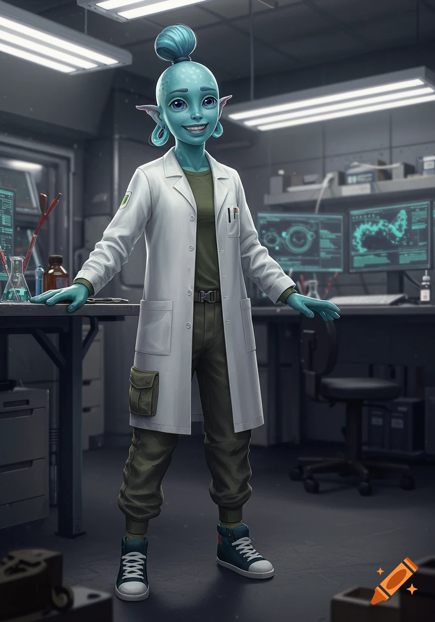 Blue-green alien engineer in a lab coat, cargo pants, and sneakers with a top-knot ponytail, stands smiling in a science lab.