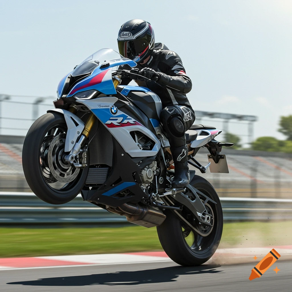 A motorcycle racer on a white, blue, and black BMW S 1000 RR performs a wheelie on a racetrack.