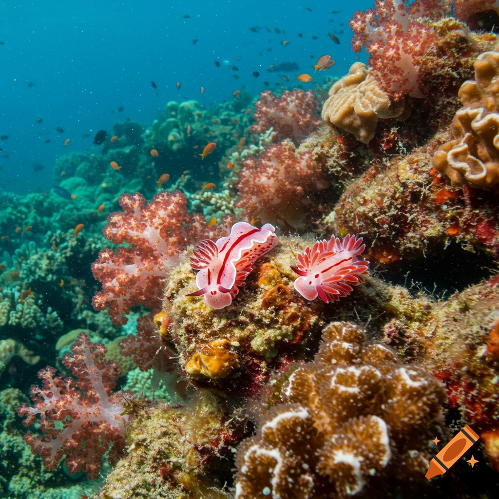 Two vibrant red and white sea slugs on a colorful coral reef, with small fish in the background underwater.