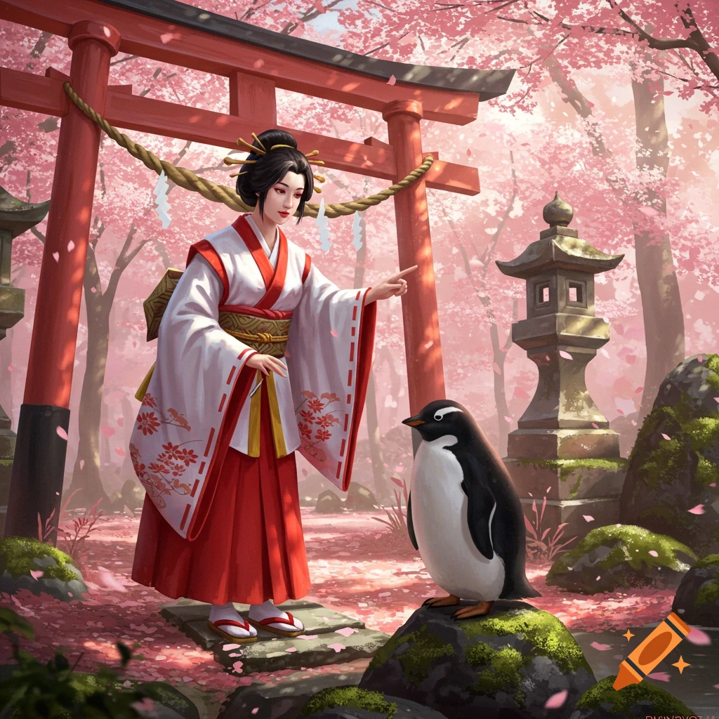 A shrine maiden in a kimono points at a penguin in a vibrant cherry blossom forest with a red torii gate and stone lanterns.