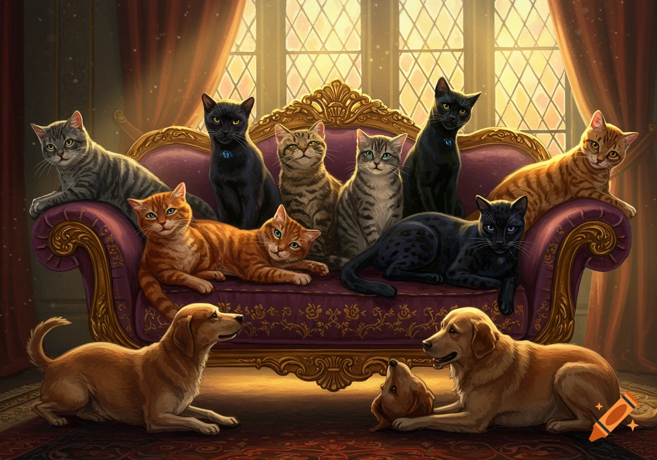Many cats and dogs pose on a luxurious purple and gold couch in a grand room with ornate windows, in a detailed painterly style.