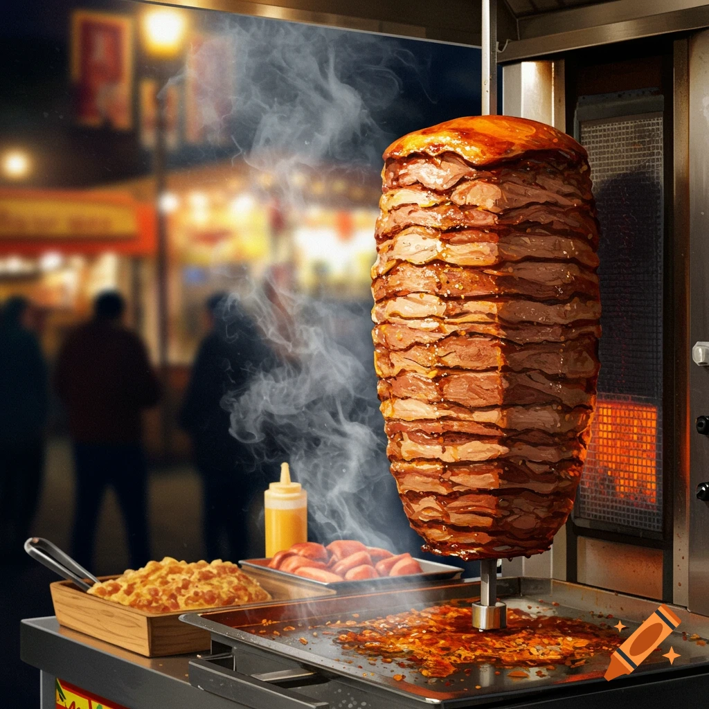 Photorealistic döner kebab spit cooking with steam in a bustling street food environment.