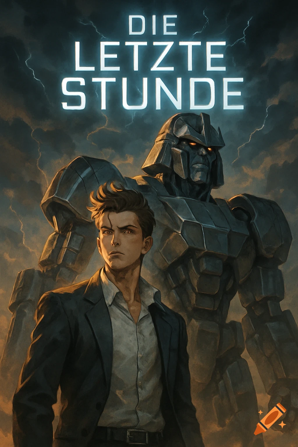 A serious man in a suit stands before a giant gray robot under a stormy sky, with the title 'DIE LETZTE STUNDE'.