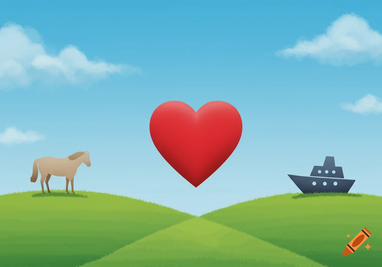 A minimalist illustration shows a beige horse on a green hill, a red heart floating above, and a grey ship on another green hill under a blue sky.