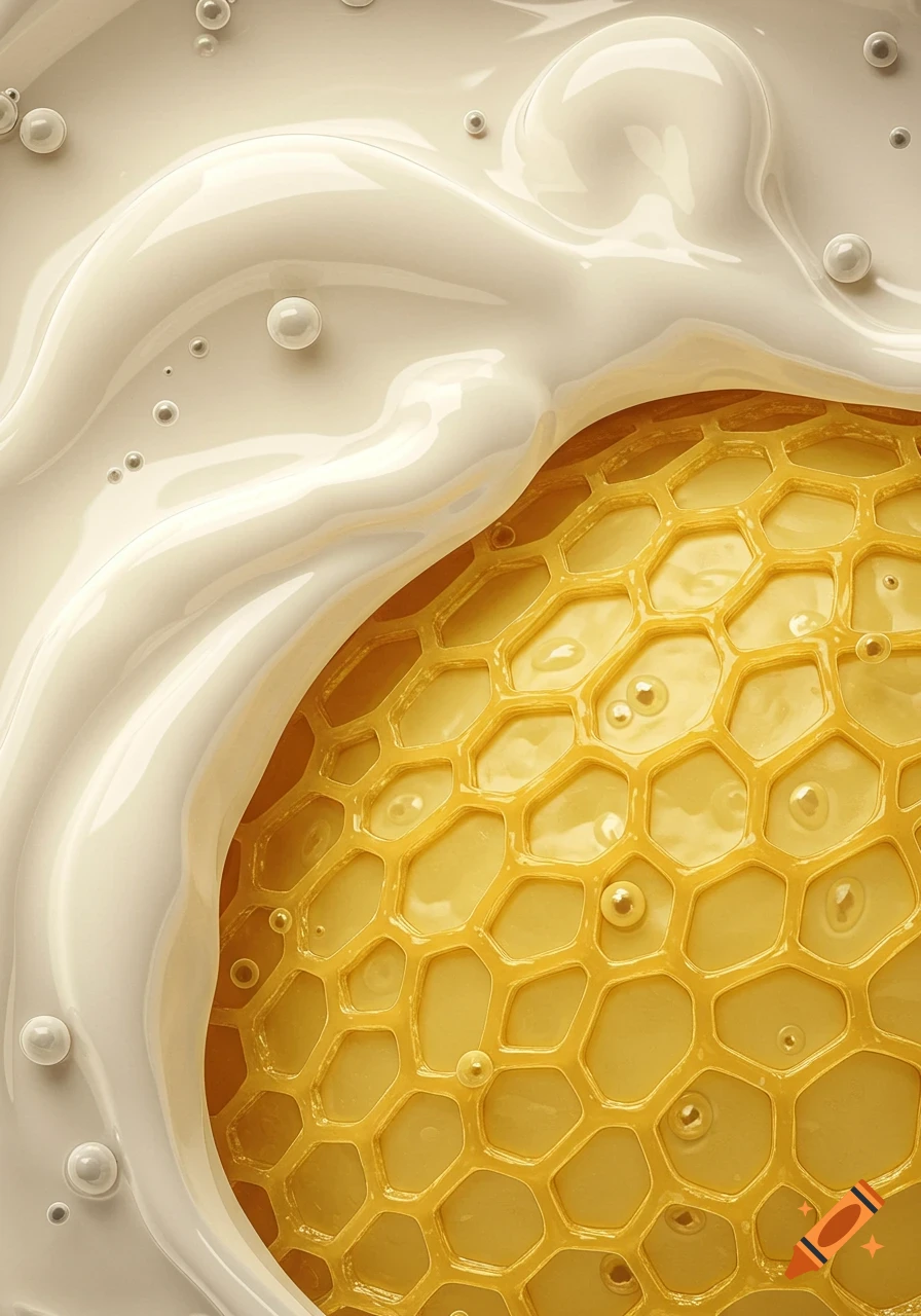 Close-up, detailed view of a yellow honeycomb pattern partially covered by a flowing, glossy white cream with small bubbles.