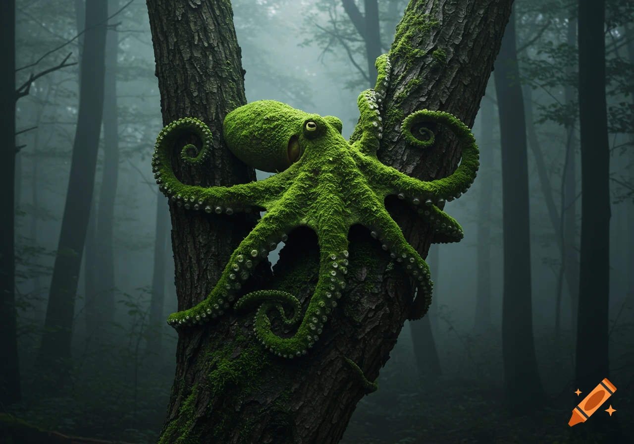 A large green moss-covered octopus clings to the trunk of a mossy tree in a dark, misty forest, rendered realistically.