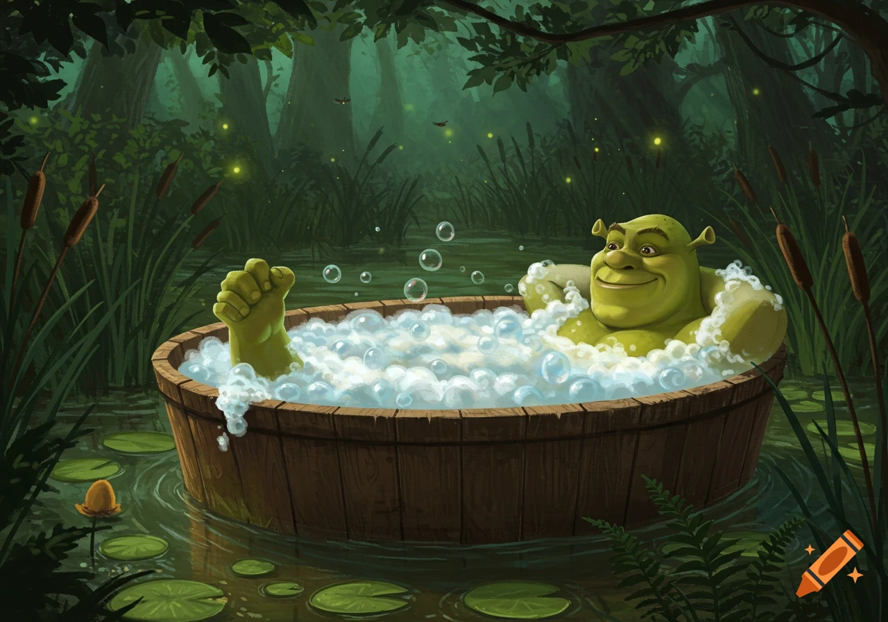 Shrek takes a happy bubble bath in a wooden tub in a dark swamp, with lily pads, cattails, and glowing fireflies.