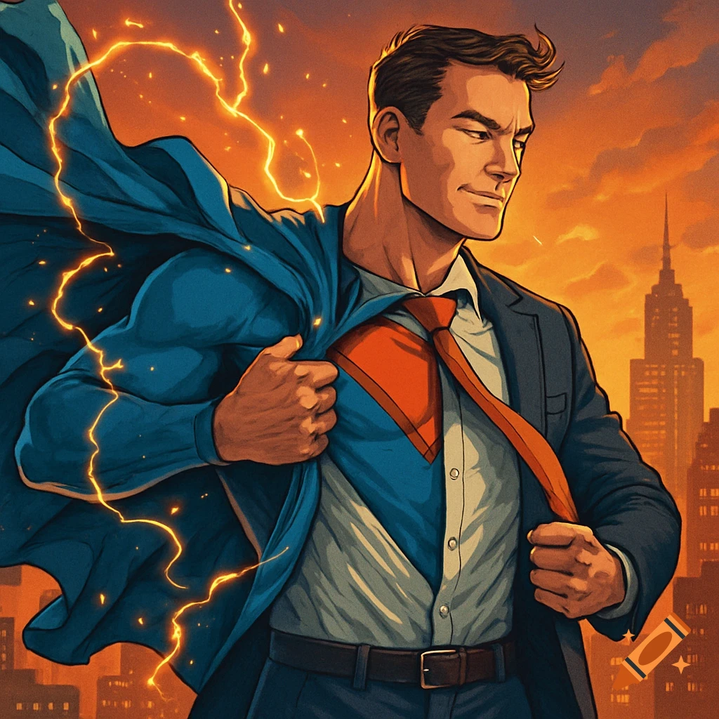 A man in a business suit reveals a superhero costume, set against a lightning-lit city skyline in a comic art style.