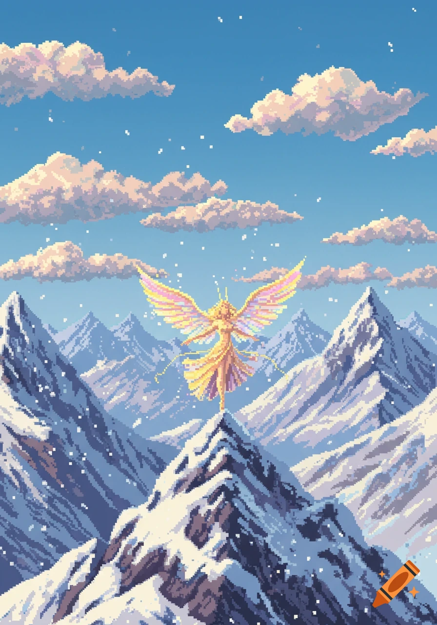A pixel art image of a glowing, winged sprite standing on a snowy mountain peak under a blue sky with clouds.