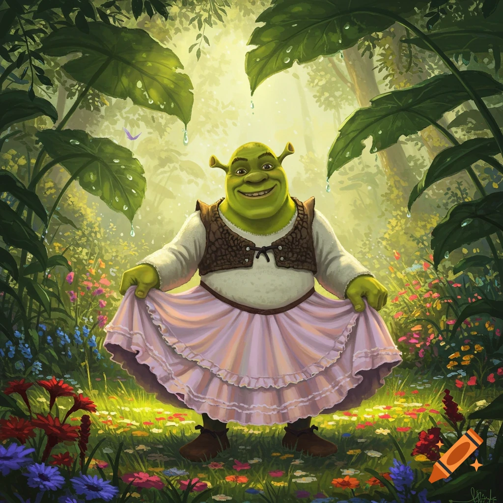 Shrek in a light pink dress, smiling in a vibrant, dew-kissed magical forest filled with colorful flowers.