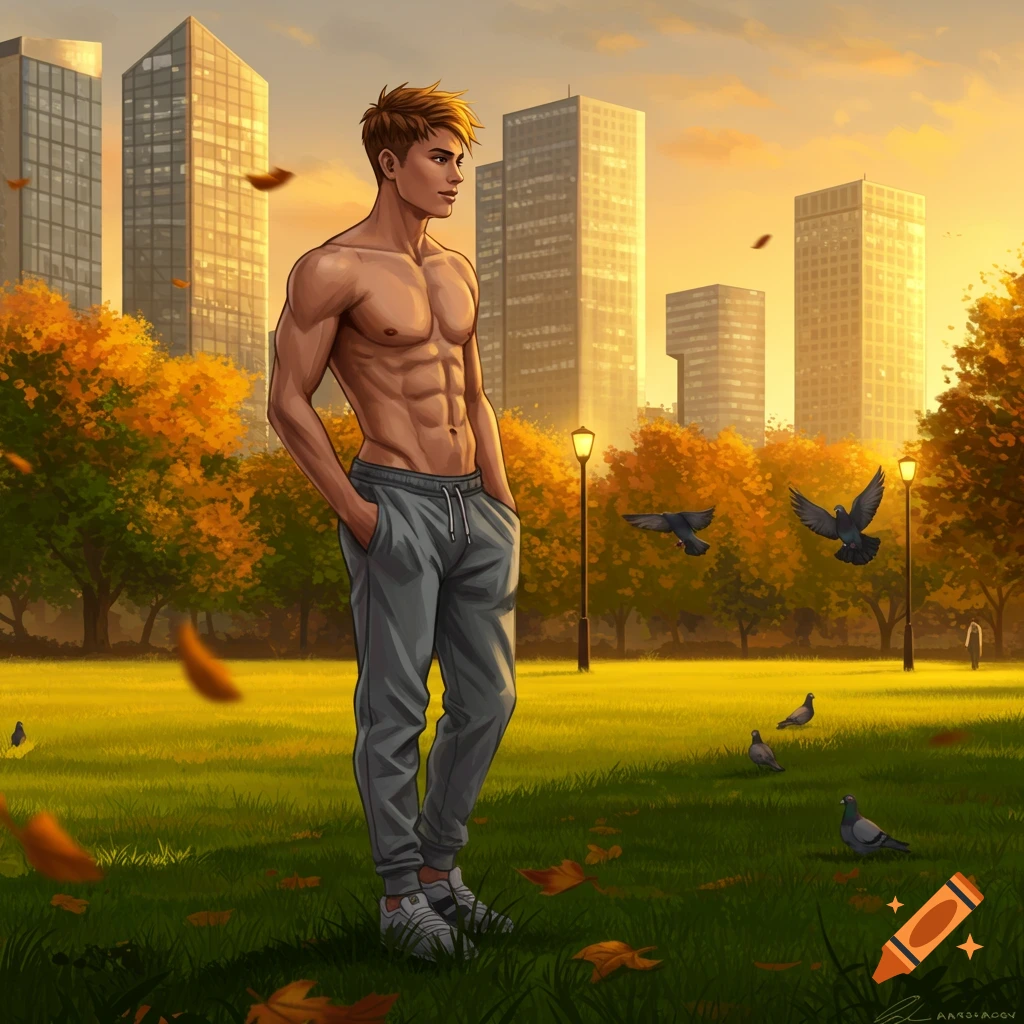 Illustrated young man with defined abs in grey sweatpants stands in an autumn park with pigeons and city buildings.