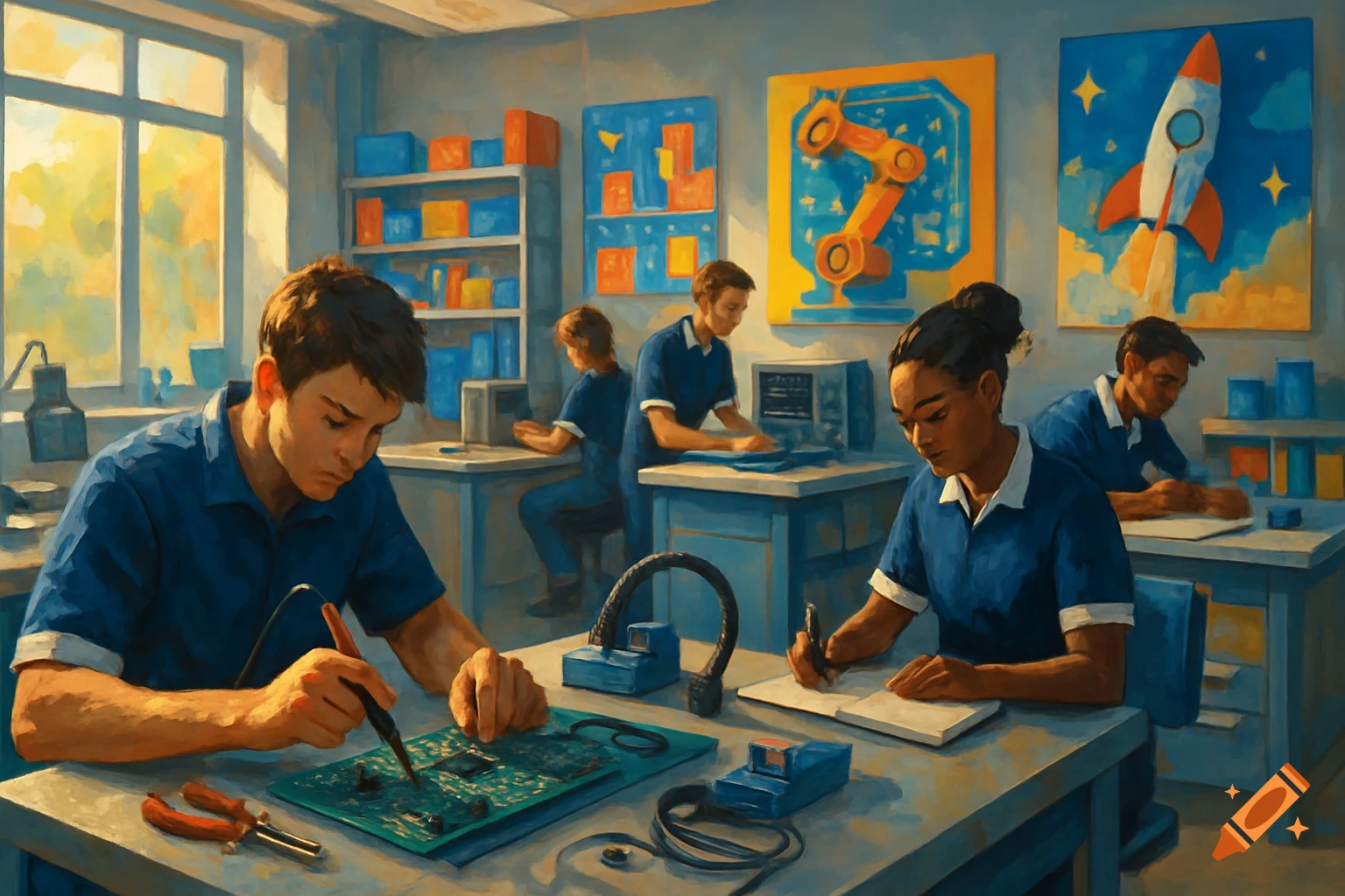 Painterly image of students working in a brightly lit technology workshop, one soldering a circuit board, another writing.