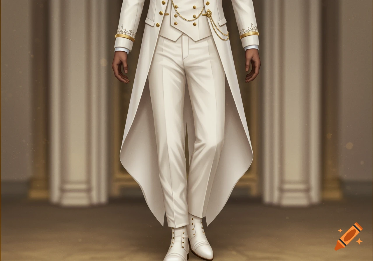 A person in an elegant white formal suit with a long tailcoat, gold accents, and ivory boots.
