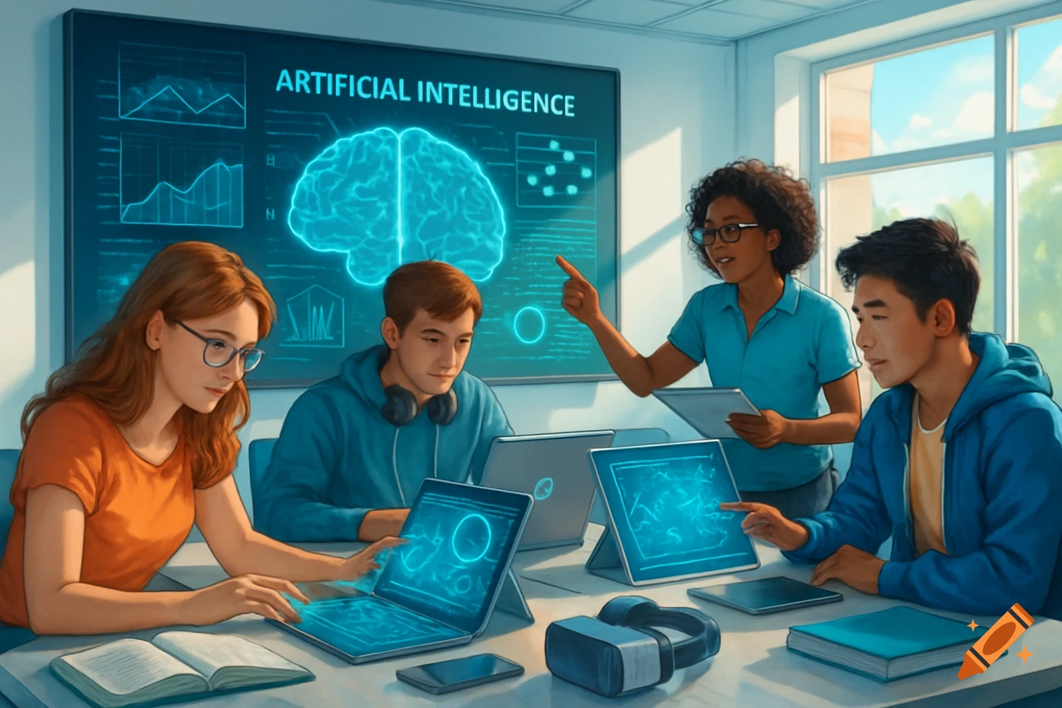 Digital illustration of students and a teacher in a classroom, using laptops and tablets, with a screen displaying 'ARTIFICIAL INTELLIGENCE'.