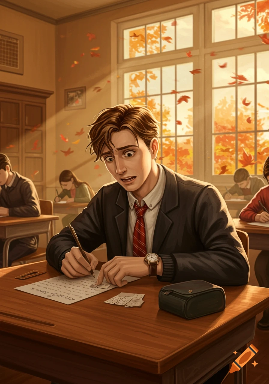 A stressed male student in a classroom cheats on a test, looking down at his paper with notes while fall leaves blow outside a window.
