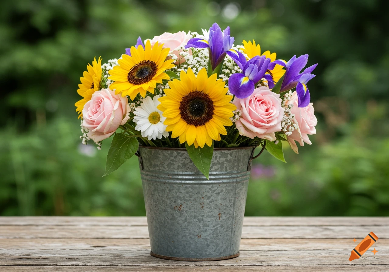 A colorful bouquet of sunflowers, pink roses, purple irises, and white daisies in a galvanized bucket on a wooden table.
