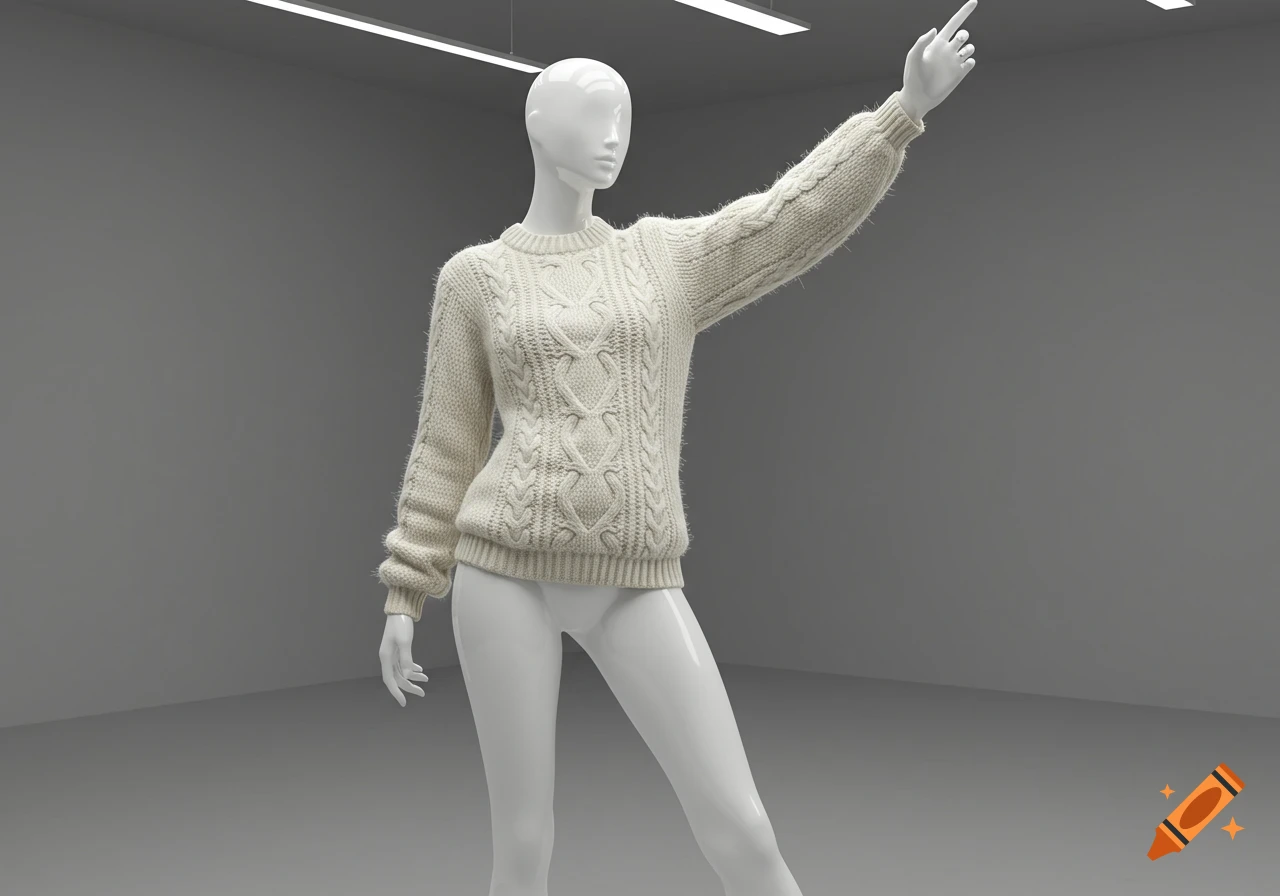 Photorealistic image of a white mannequin wearing a cream cable knit sweater, pointing upward in a gray room.