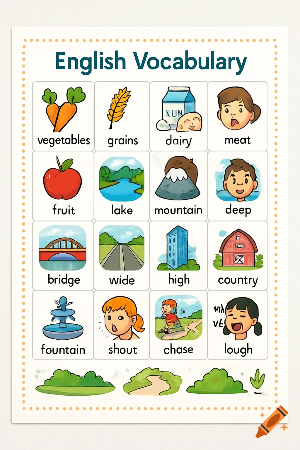 An English vocabulary worksheet with cartoon illustrations for words like vegetables, grains, fruit, lake, mountain, bridge, fountain, and shout. One word, 'lough,' is misspelled instead of 'laugh'.