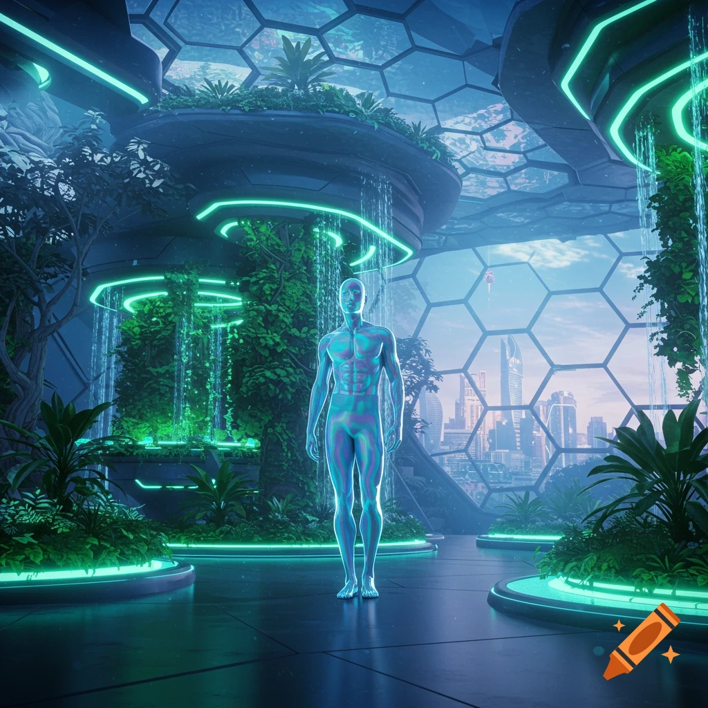 A glowing humanoid figure stands in a futuristic, bioluminescent garden with a city skyline in the background.