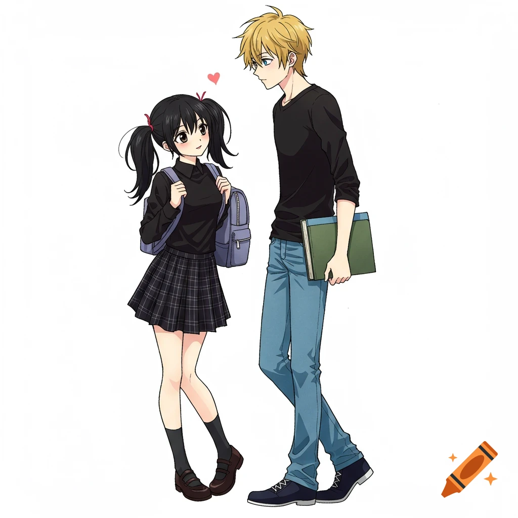 Anime girl with pigtails and a boy with blonde hair, both in school attire, standing and looking at each other with a small heart above the girl's head.