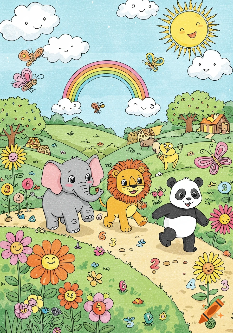 A whimsical illustration of a baby elephant, lion, and panda walking on a path in a colorful valley with a rainbow, sun, and flowers. Numbers are scattered on the path.