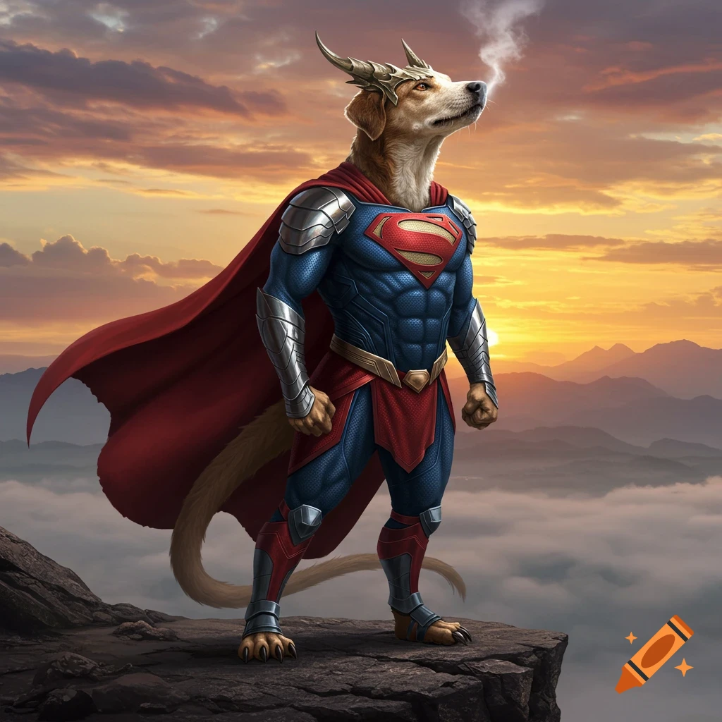 A dog-like creature wearing a Superman suit and dragon horns stands on a rocky cliff against a dramatic sunset sky with mountains.