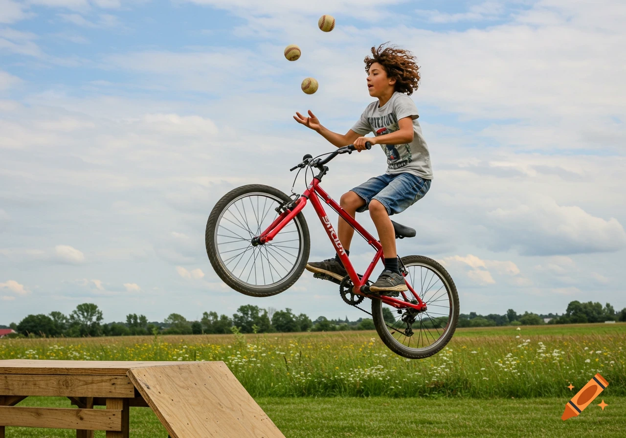 A boy on a red mountain bike jumps off a wooden ramp in a field, juggling three baseballs in mid-air.