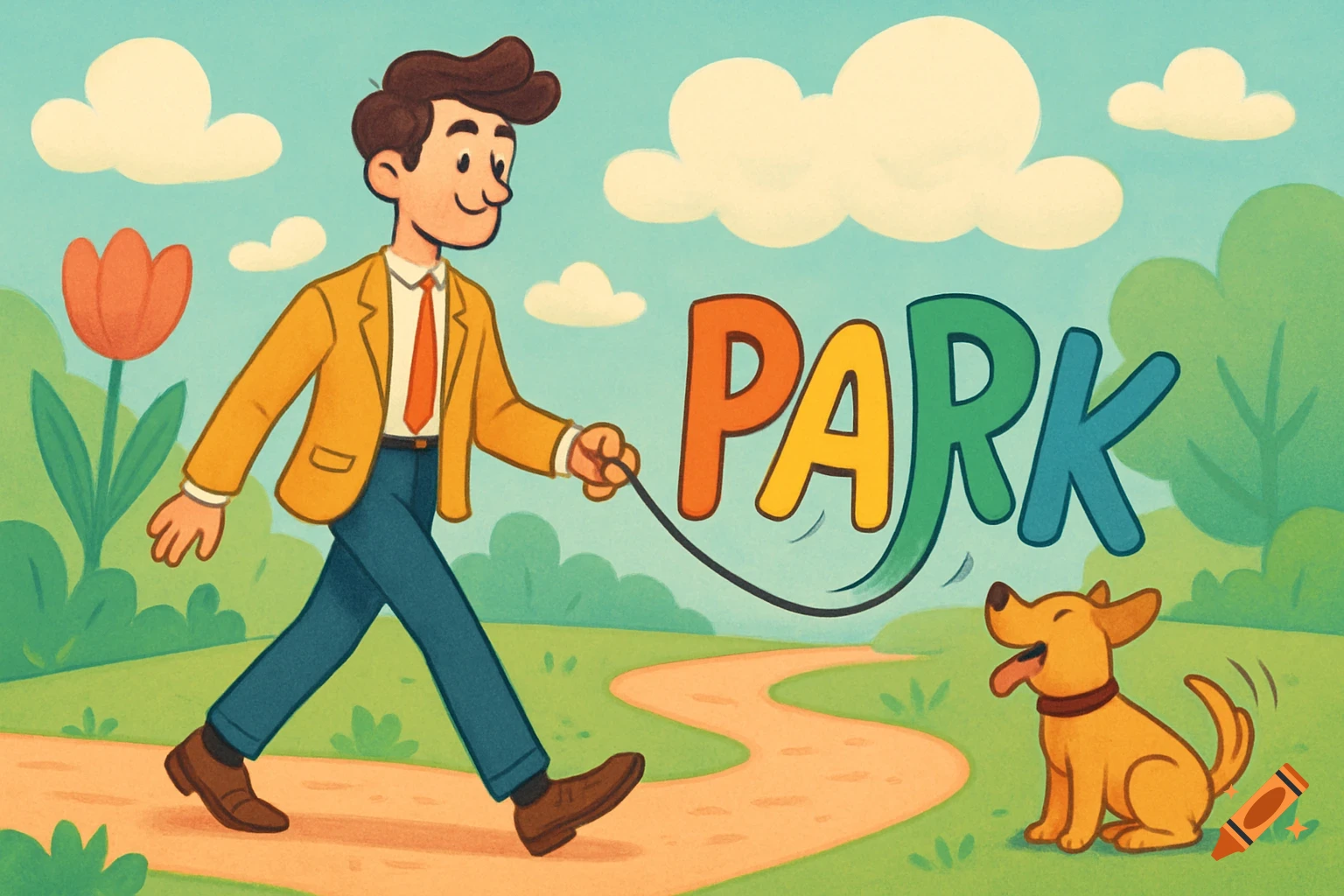 A smiling cartoon man in a yellow jacket walks the word "PARK" on a leash towards a happy dog in a vibrant park illustration.