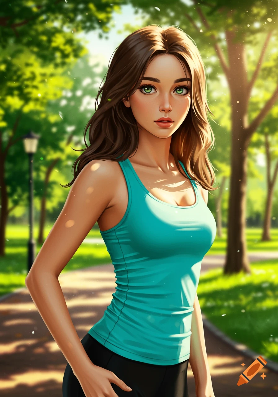 Illustrated athletic girl with brown hair and green eyes in a teal top, standing on a path in a sunny park.
