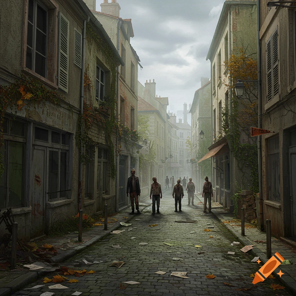 A desolate, narrow cobblestone street lined with old, weathered buildings. Several zombies walk slowly down the street under a cloudy sky, with fallen leaves and papers scattered on the ground.